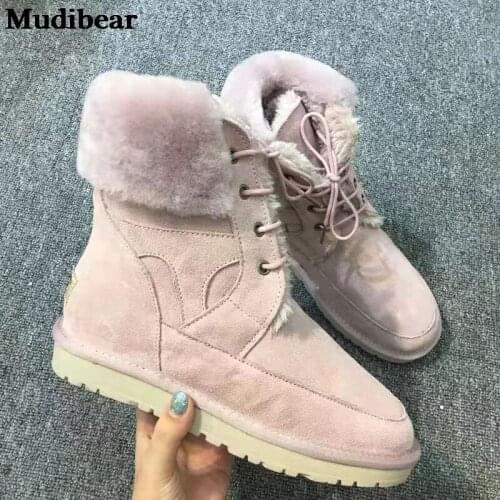 Mudibear Winter Shoes Genuine Leather Sheep Leather Fur In One Snow Boots Womens Slim Long Legs Non-Slip Cotton Boots Pink 2020