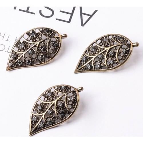 DIY Handmade Jewelry Making 10pcs 19*35mm Anti-gold color New fashion Alloy Material Hollow Crystal Leaf Shape charm