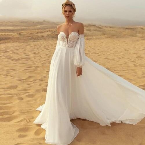 Chic Boho Chiffon Wedding Dress Long Puffy Sleeves Vestidos Beach Wedding Dresses Off the Shoulder Lace Bridal Gown