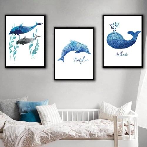 Blue Style Painting Dolphin Whale Canvas Print Painting Wall Art Minimalist Poster Wall Pictures for Bedroom Livingroom