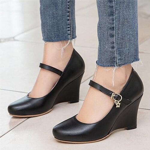 Wedges Shoes for Women High Heels Pumps 2020 Spring Buckle Strap Round Toe Shoes Woman Office Dress Shoes Black White Big Size