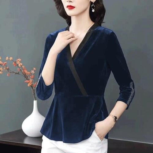 Spring Fall Women V Neck Slim High Waist Patchwork Wine Red Black Navy Velour T Shirt Tops , Woman Glitter 5xl Velvet Tshirts