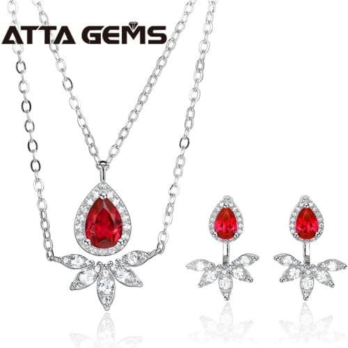 Ruby Sterling Silver Jewelry Set Women Wedding Engagement Jewelry Set Created Ruby Pear Cut White Sapphire S925 Jewelry