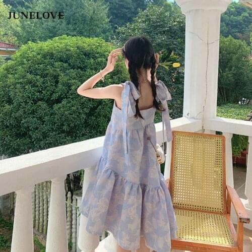 JuneLove Kawaii Elegant Strap Dress Women Sweet Backless Designer Korean Bow Print Dress Vintage Party Cute Dress Summer 2021