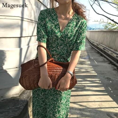 French Chic Retro Elegant Long Dress Summer Short Sleeve Loose Green Floral Dress Female V-neck High Waist Dresses Vestido 14542