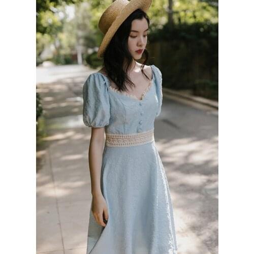 Summer Vintage Blue Jacquard Dress For Slim Lady Korean Design Puff Sleeve Hood Flower Hollow Elegant Romantic Dresses Faldas