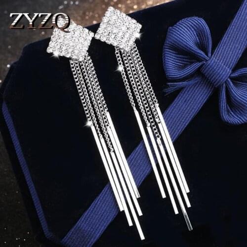 ZYZQ Silver Plated Crystal Long Tassel Earrings for Women Luxury Rhinestone Drop Dangling Earrings Brincos Wedding Jewelry