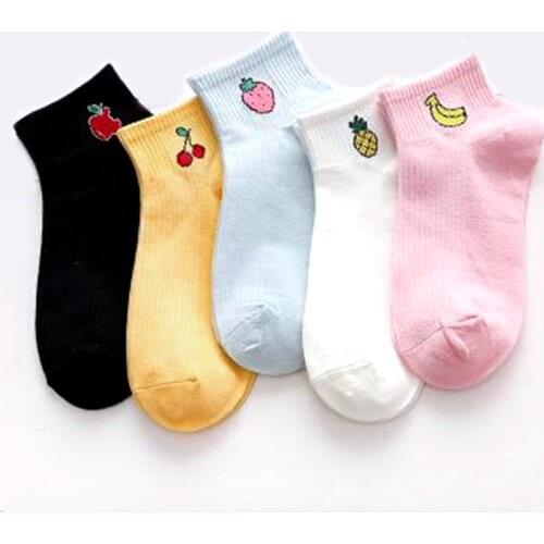 5 Pairs/lot Cute Fruit Pattern Cotton Socks for Women Casual Solid Color Black White Pink Short Socks Female Harajuku Style