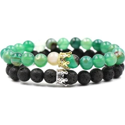 8mm 2PCS/Set hh43 elastic adjusted nature black stone volcanic lava bead micro pave cz zircon cubic zirconia Crown Bracelet