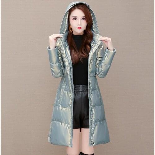 Glossy down padded jacket women mid-length Korean high-end temperament 2020 new winter Korean thick hooded jacket
