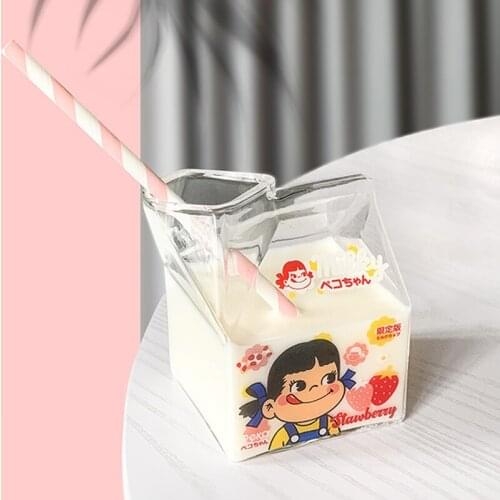 Cute square milk carton cup high borosilicate transparent glass cup creative microwaveable milk breakfast cup gift ins photo