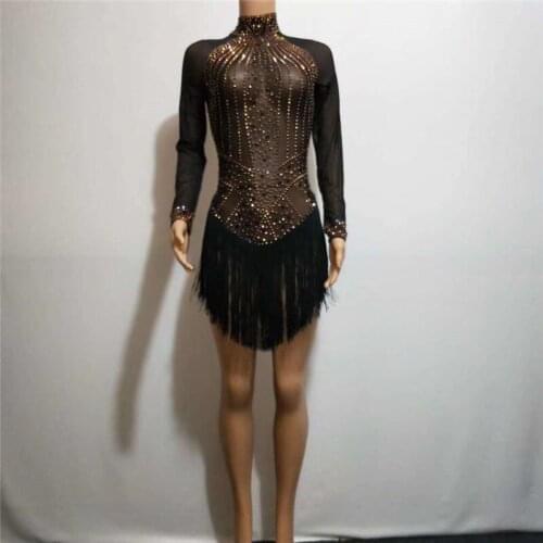 D02 Black sexy Mesh rhinestone tassel short Siamese Latin dance stage costumes bar singer bodysuit performance dress clothe club