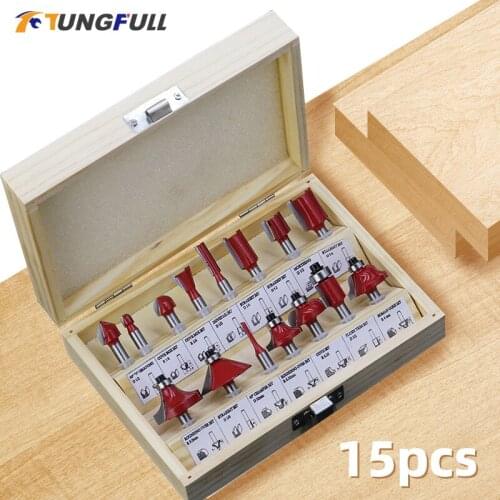 1/4(6.35mm) Woodworking Milling Cutters 15pcs Carbide Shank Wood Router Set Trimming Knife For Wood Cutter Engraving