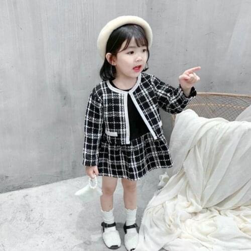 Kids Girl Princess Dress Autumn Breathable Personality Soft Long Sleeve Plaid Printing O-Neck Coat Set Korean Child Outfits 3-8T
