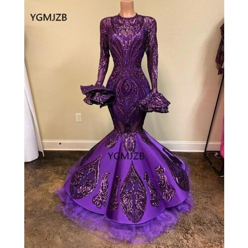 Purple Mermaid Prom Dresses 2020 Sparkle Sequin Black Girls Long Sleeveve with Ruffles African Elegant Formal Evening Gowns