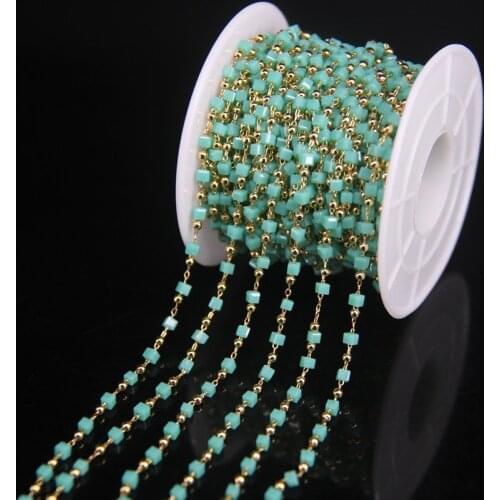 5Meter Charms Wrapped Rosary Chain Bracelet Findings,2.5mm Green Square Tiny Glass bead&Copper beads Plating gold Chain