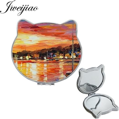 Youhaken Oil Painting Cat Ear Shaped Hand Mirror Abstracts vintage Pictures PU pocket leather mirror party Design Mirrors PT23