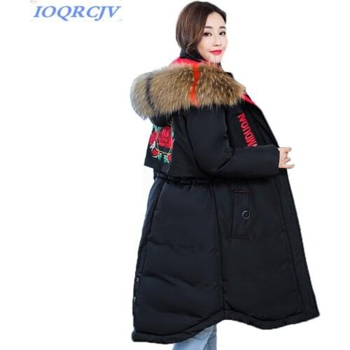 New Plus size 5XL Winter parkas women cotton jacket Fur collar Hooded embroidery coat female Thicken Cotton-padded jackets N201