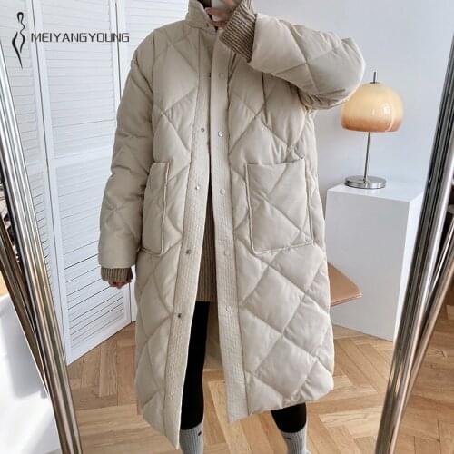 MEIYANGYOUNG Winter argyle pattern Cotton Padded Coat Women Knee Length Parkas Long Jacket oversize Coat stand up collar parka