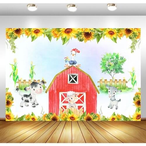 MOCSICKA Farm Theme Birthday Backdrop Golden Sunflower Red Barn Photography Background Animal Sheep Cow Cock Banner Backdrops