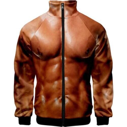 Korean Version Mens Jacket Fake Muscle 3D Print Stand Collar Zipper Baseball Jacket Men Sports Fitness Long Sleeve Funny Hoodie