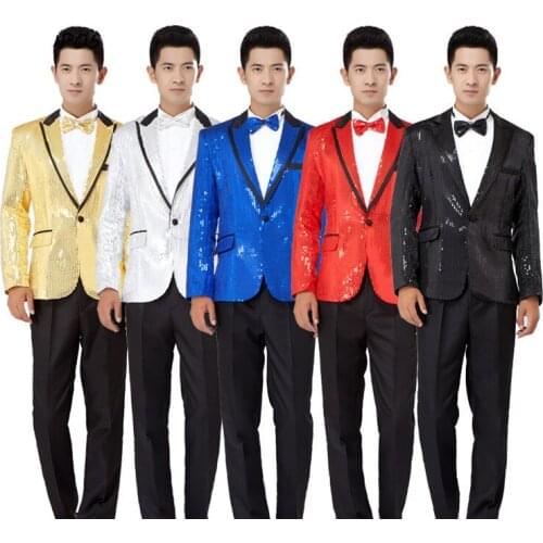Men Gold Sparkling Sequin Suit Black White Blue Gold Sequin Blazer Jacket Suit Men Costume Stage Host Sequin Gold Jacket Suit