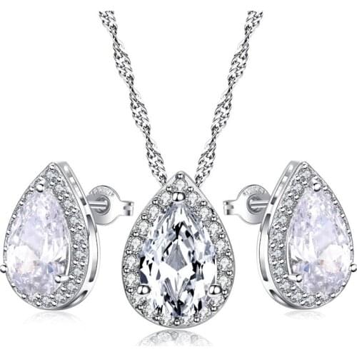 Trendy water drop shape setting cubic zirconia necklace earrings set silver color copper material party Jewelry sets for women