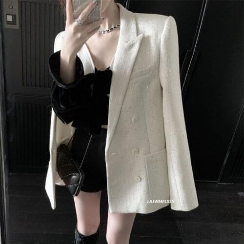 2021 New Women Blazer Sequins Vintage Women Blazers Jackets Black White Casual Loose Womens Blazers Long Sleeve Fashion