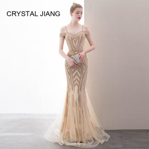 New Arrival 2020 Off the Shoulder Gold Sequin Prom Gown Mermaid Tulle Elegant Long Prom Dress vestido de festa