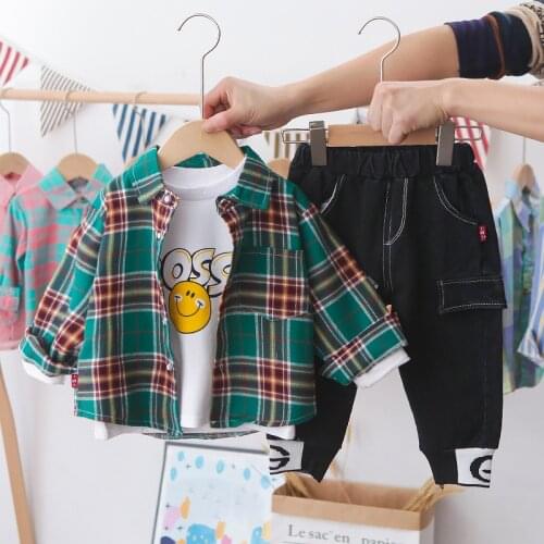 New Spring Autumn Toddler Boys Handsome Clothes Sets Baby Fashion Casual Plaid Shirt+Printing T-shirt+Pants Kids Clothing Suits