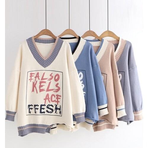 Autumn and winter 2021 new fashion wild V-neck irregular hem letter printed pullover sweater sweater women