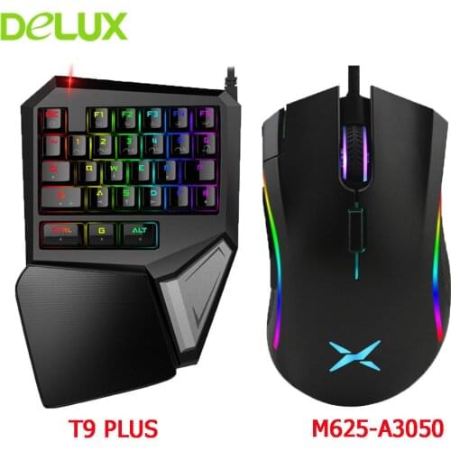 Delux Wired Gaming Keyboard Mouse Combo T9 Pro Single Hand Mechanical Keypad And M625 Wired RGB Game Computer Mice Kit For Gamer