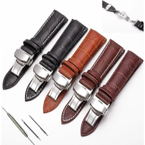 Retro Genuine Leather Watch Band Women Men Vintage Butterfly Bafety Buckle Wristbands 12 13 14 15 16 17 18 19 20 21 22 23 24mm