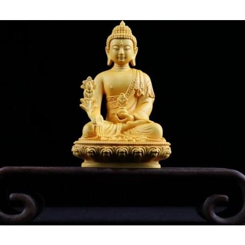 Boxwood 14CM Bhaisajya Guru Vaidurya Prabharaja Buddha Statue Gifts Wood Figures Buddha Statues Home Decor Collection