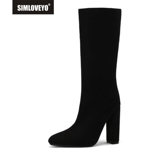 SIMLOVEYO Fashion Ladies Wide Leg Knee High Boots Pull On Pointed Toe Suede 11cm Block Heel Ladies Party Plus Size 34-43 S2468