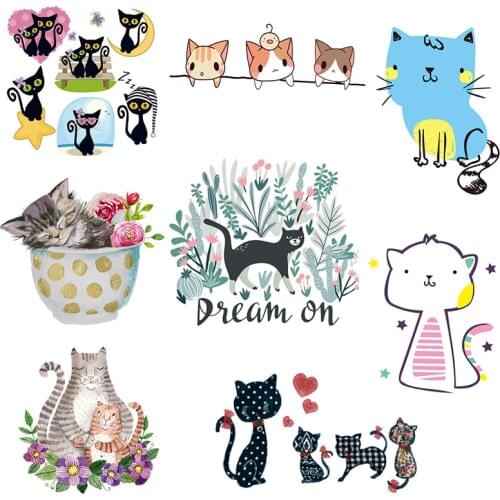 Cartoon Cute Cat Heat Transfer Vinyl Patch Lovely Cats Iron-On Transfers For Clothing T-shirt Stripe Thermo-stickers On Clothes
