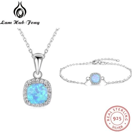 Jewelry Sets for Women 925 Sterling Silver Square Blue Opal Necklace Bracelet Cubic Zirconia Wedding Jewelry Sets (Lam Hub Fong)