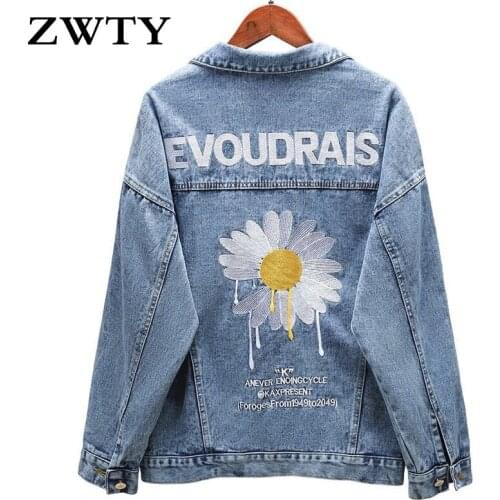 ZWTY Brand Autumn Denim Jacket Women 2021 New Embroidery Slingle Breasted Loose Spring Coat Female Black Casual Overcoat Mujer