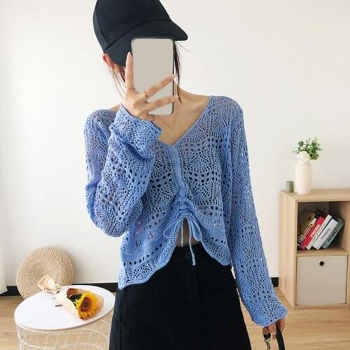 Women V Neck Long Sleeve Drawstring Knitwear Hollow Out Loose Knitted Blouse