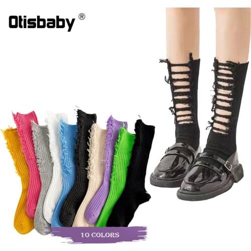 Hip Hop Women Harajuku Black Torn Socks Childrens Cotton Ripped Socks European Style Girls Vintage Long Socks Funny Hole Socks