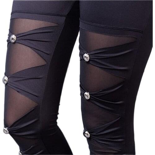 2020 women high street fashion mesh leggings lady fitness elastic silver jewelry pencil pants punk rock striped bow pant