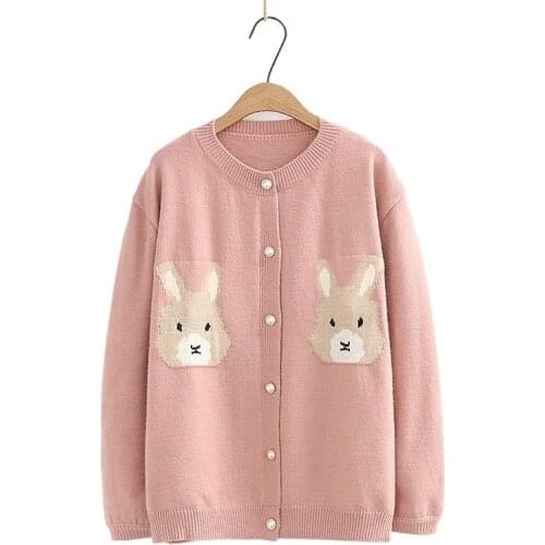 Pink Cartoon Rabbit Embroidery Cute Women Knit Cardigan 2021 Winter Warm Coat Korean Style Female Pocket Kawaii Jumpers Soft Top
