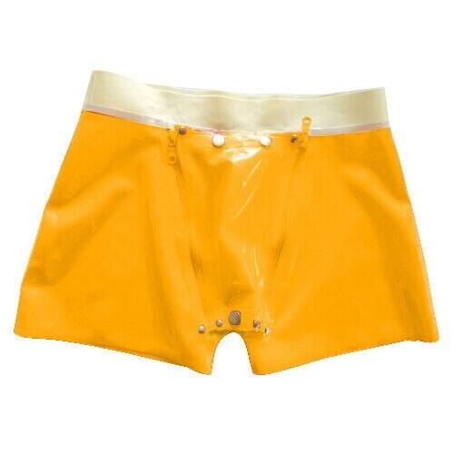 0.4mm thickness natural latex underwear 100% handmade mens orange latex shorts with codpiece design