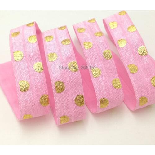 10Y/lot Candy Pink Fold Over Elastic With Gold Foil Polka Dot FOE Elastic Ribbon For DIY Headwear Hair Accessories