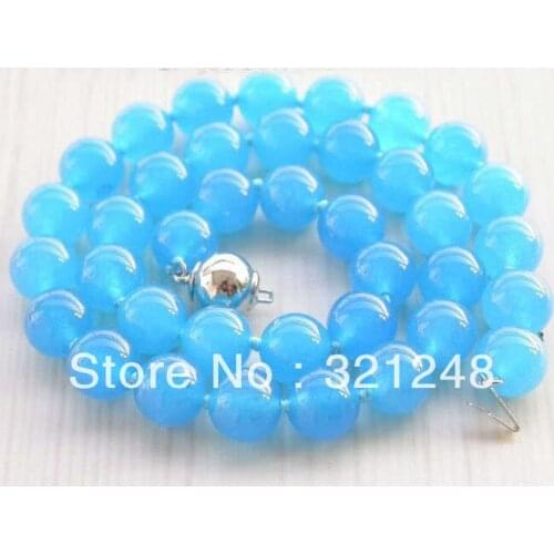 Free shopping new 2014 diy 10mm Blue Chalcedony jades round beads chain Bead Necklace 18INCH GE4597
