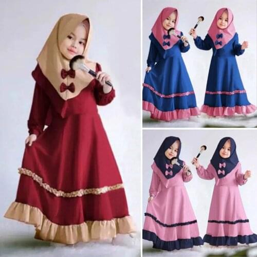 Childrens spring and autumn girls long-sleeved Muslim jumpsuit long skirt and headscarf two-piece set childrens wear ins