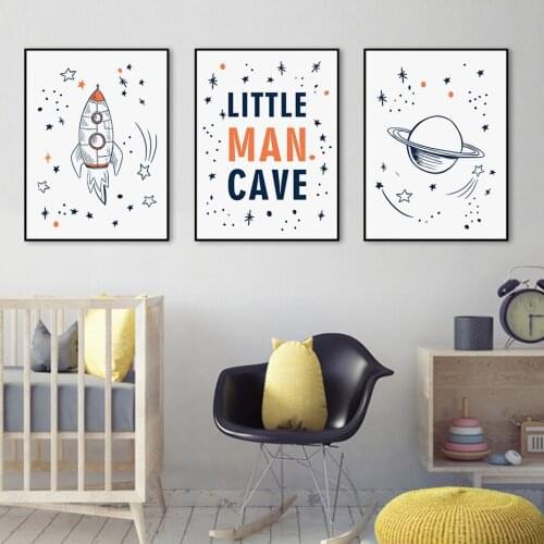 Cartoon Rocket Alien Little Man Cave Canvas Painting Nursery Boy Wall Art Prints Poster Picture Kids Bedroom Home Decor No Frame