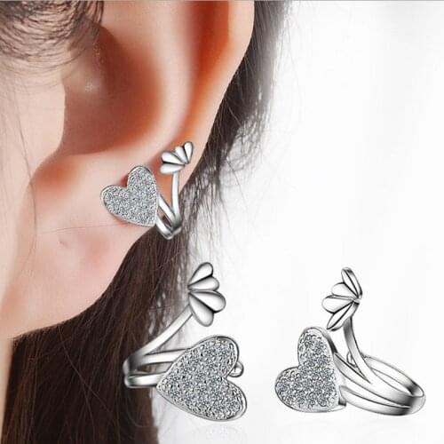 KOFSAC New Elegant Love Heart 925 Silver Ear Cuff Shiny CZ Non Piercing Cartilage Ear Clip Earrings For Women Girl Jewelry Gift