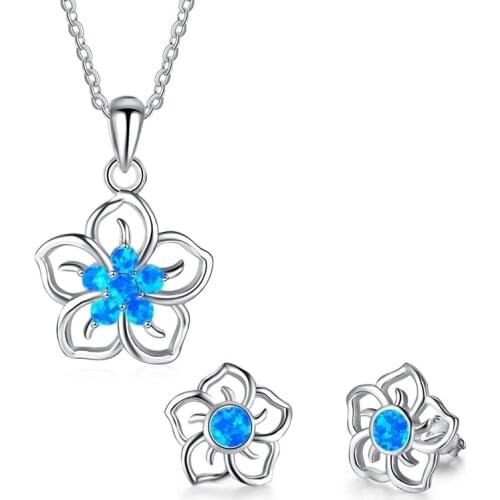 Beautiful Flower Pendant Necklace With Earrings Blue Imitaiton Fire Opal Jewelry Set For Women Accessories Wedding Lover Gift