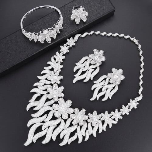 LARRAURI Bridal Women Wedding Party Jewelry Luxury Blooming Flowers Jewelry Sets Big Necklace Bangle Earrings Ring Accessories